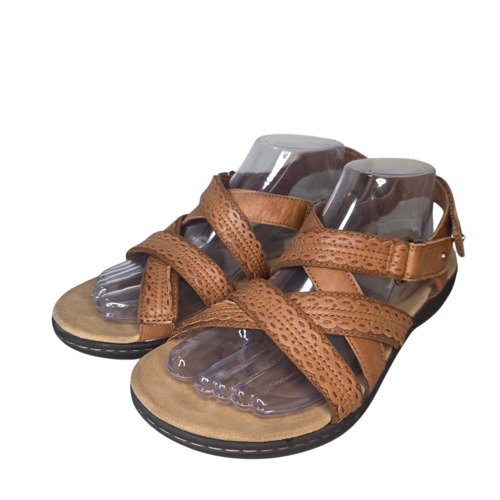 Clarks Laurieann Rena Womens 9.5 Beige Leather Crisscross Strappy Sandals
